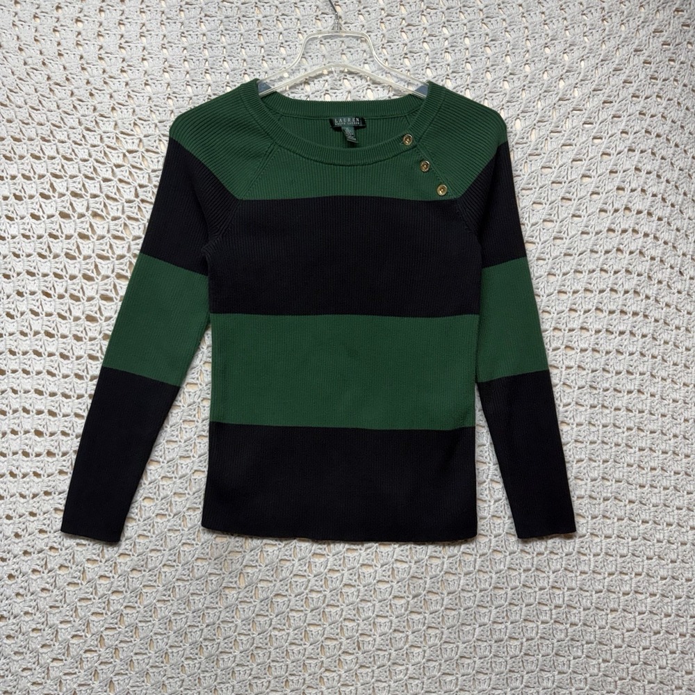Lauren Ralph Lauren Ribbed Knit Sweater Women XL Green Black Striped Pullover